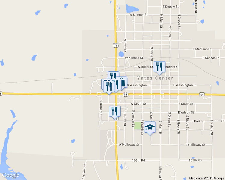 map of restaurants, bars, coffee shops, grocery stores, and more near 609 West Mary Street in Yates Center