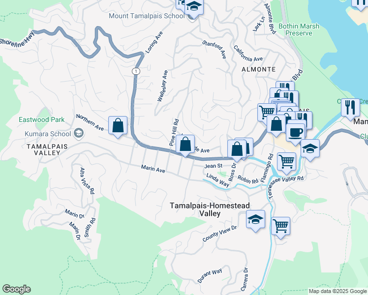 map of restaurants, bars, coffee shops, grocery stores, and more near 378A Sunset Way in Mill Valley