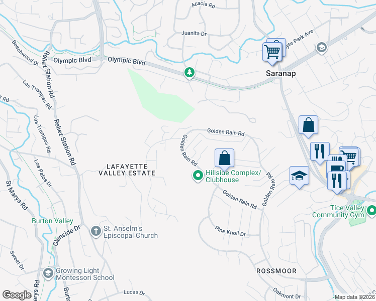 map of restaurants, bars, coffee shops, grocery stores, and more near 3049 Golden Rain Road in Walnut Creek