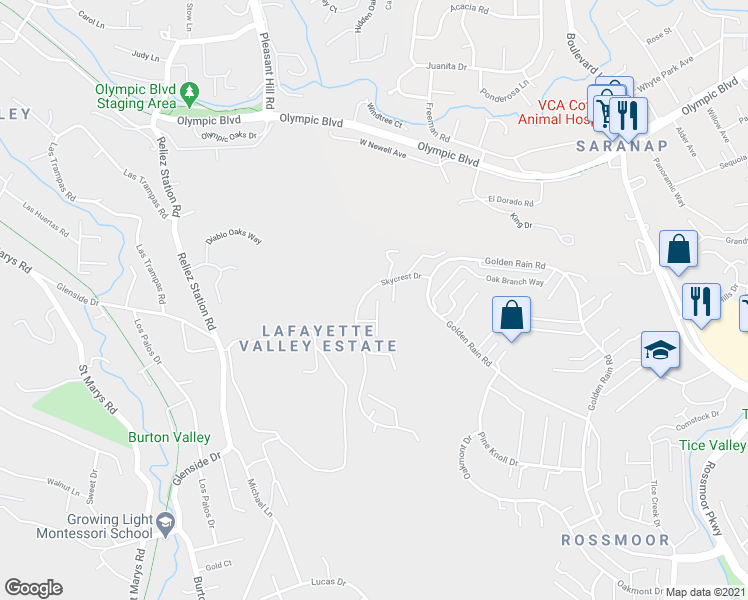 map of restaurants, bars, coffee shops, grocery stores, and more near 1441 Skycrest Drive in Walnut Creek