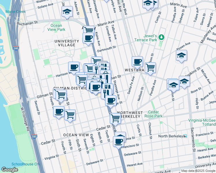 map of restaurants, bars, coffee shops, grocery stores, and more near 1345 San Pablo Avenue in Berkeley
