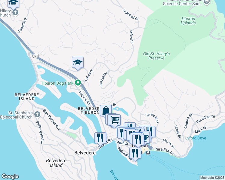 map of restaurants, bars, coffee shops, grocery stores, and more near 36 Harbor Oak Drive in Tiburon