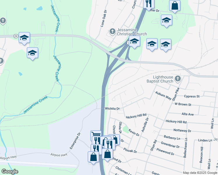 map of restaurants, bars, coffee shops, grocery stores, and more near 171 Baybrook Circle in Nicholasville