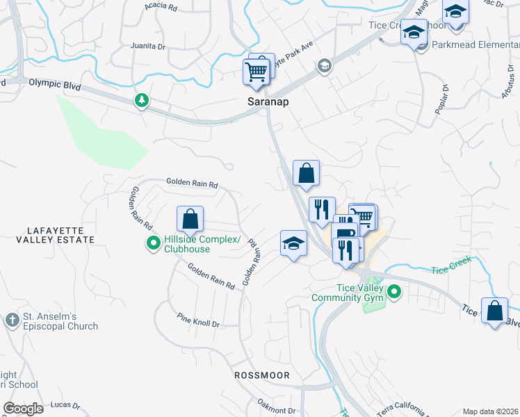map of restaurants, bars, coffee shops, grocery stores, and more near 2080 Golden Rain Road in Walnut Creek