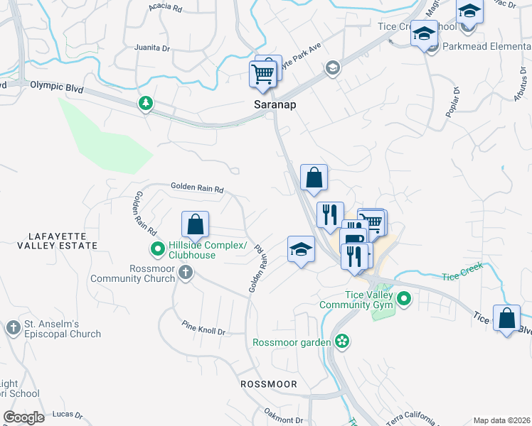 map of restaurants, bars, coffee shops, grocery stores, and more near 2148 Golden Rain Road in Walnut Creek