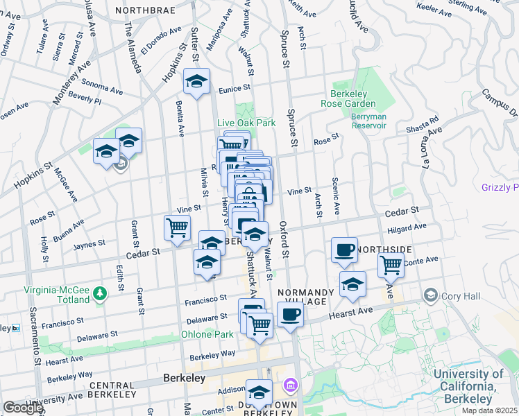 map of restaurants, bars, coffee shops, grocery stores, and more near 1512 Walnut Street in Berkeley