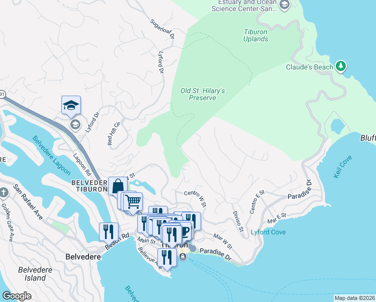 map of restaurants, bars, coffee shops, grocery stores, and more near 1725 Vistazo West Street in Tiburon