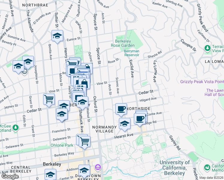 map of restaurants, bars, coffee shops, grocery stores, and more near 1525 Arch Street in Berkeley