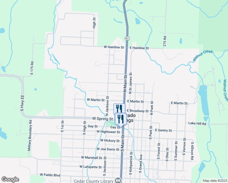 map of restaurants, bars, coffee shops, grocery stores, and more near 116 West Walnut Street in El Dorado Springs