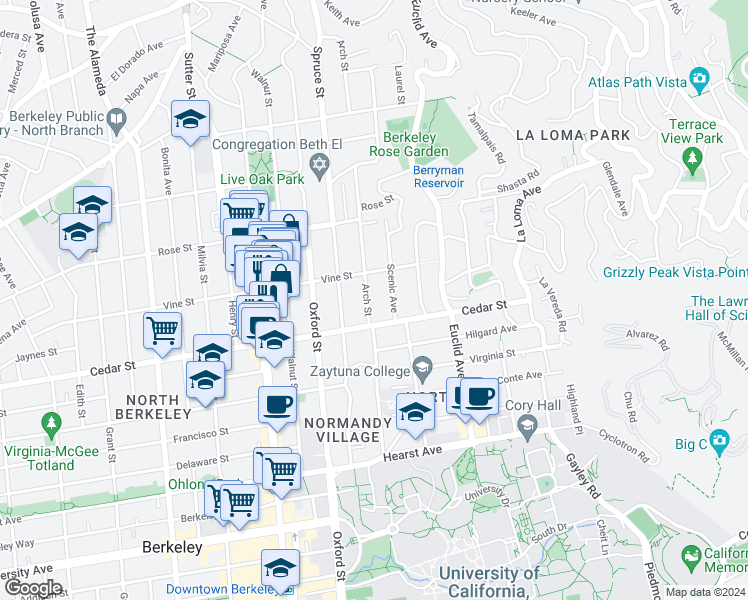 map of restaurants, bars, coffee shops, grocery stores, and more near 1532 Arch Street in Berkeley