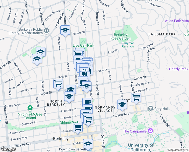 map of restaurants, bars, coffee shops, grocery stores, and more near 1523 Walnut Street in Berkeley
