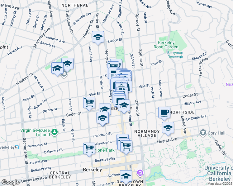 map of restaurants, bars, coffee shops, grocery stores, and more near 1536 Shattuck Avenue in Berkeley