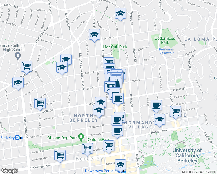 map of restaurants, bars, coffee shops, grocery stores, and more near 1536 Shattuck Avenue in Berkeley
