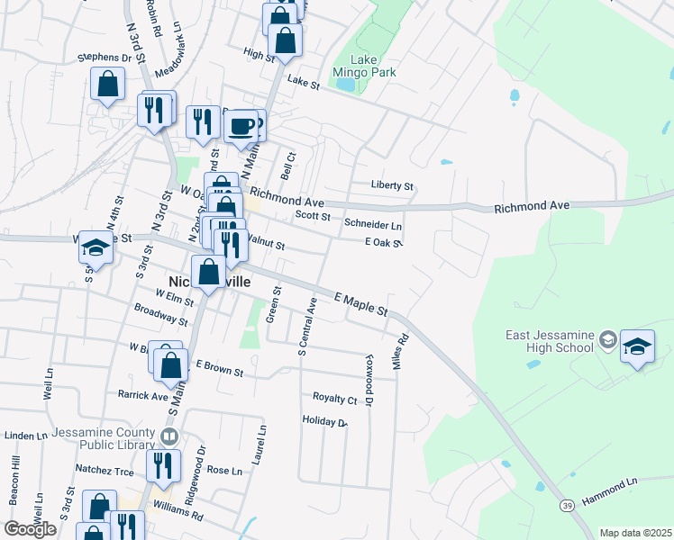 map of restaurants, bars, coffee shops, grocery stores, and more near 108 North Central Avenue in Nicholasville