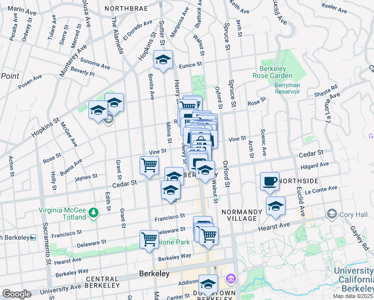 map of restaurants, bars, coffee shops, grocery stores, and more near 2024 Vine Street in Berkeley