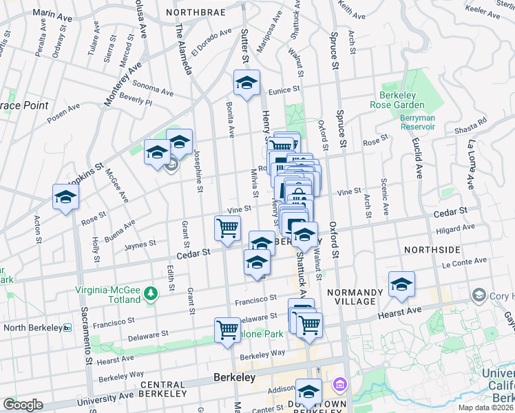 map of restaurants, bars, coffee shops, grocery stores, and more near Milvia Street in Berkeley