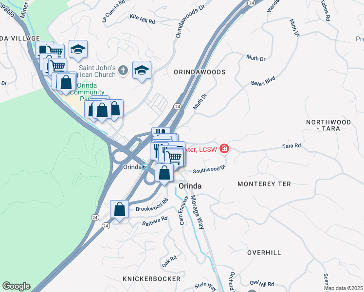 map of restaurants, bars, coffee shops, grocery stores, and more near 6 Northwood Court in Orinda