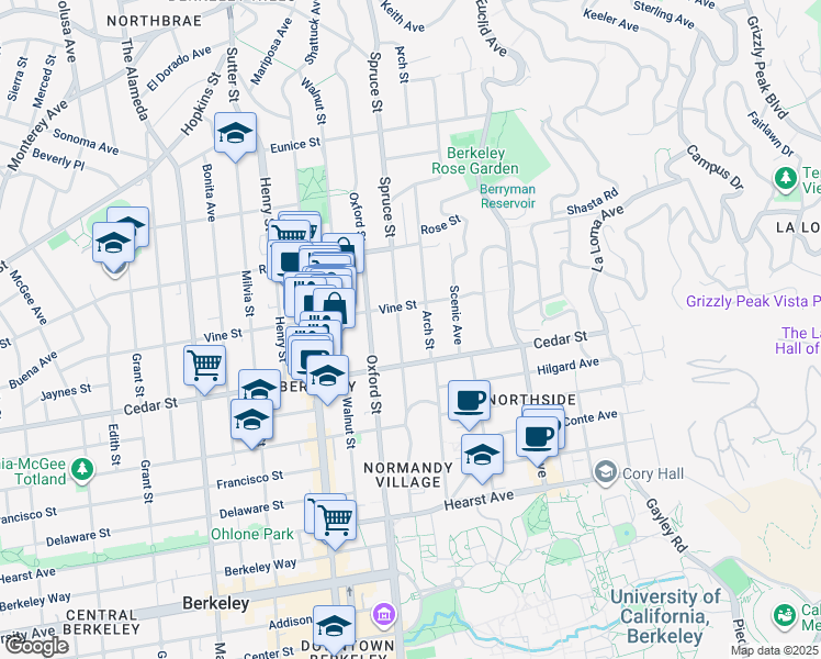 map of restaurants, bars, coffee shops, grocery stores, and more near 1532 Arch Street in Berkeley