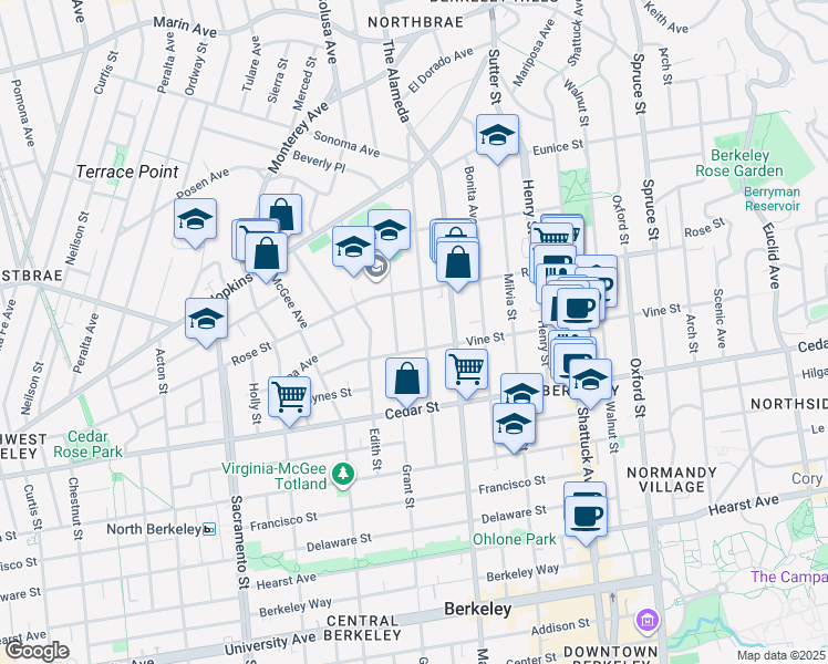 map of restaurants, bars, coffee shops, grocery stores, and more near 1430 Josephine Street in Berkeley