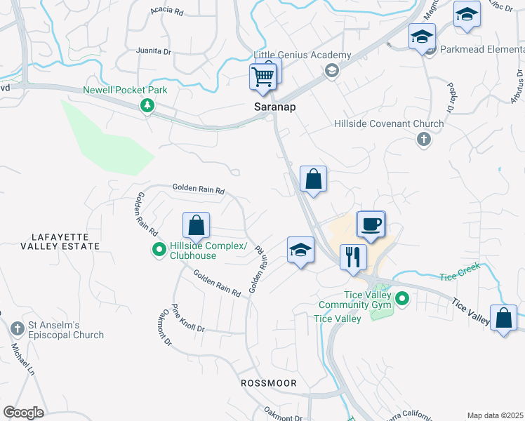 map of restaurants, bars, coffee shops, grocery stores, and more near 800 Rockview Drive in Walnut Creek