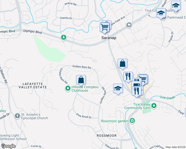 map of restaurants, bars, coffee shops, grocery stores, and more near 2425 Golden Rain Road in Walnut Creek