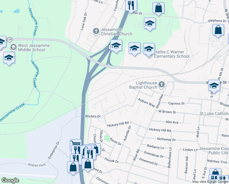 map of restaurants, bars, coffee shops, grocery stores, and more near 112-114 Henry Court in Nicholasville