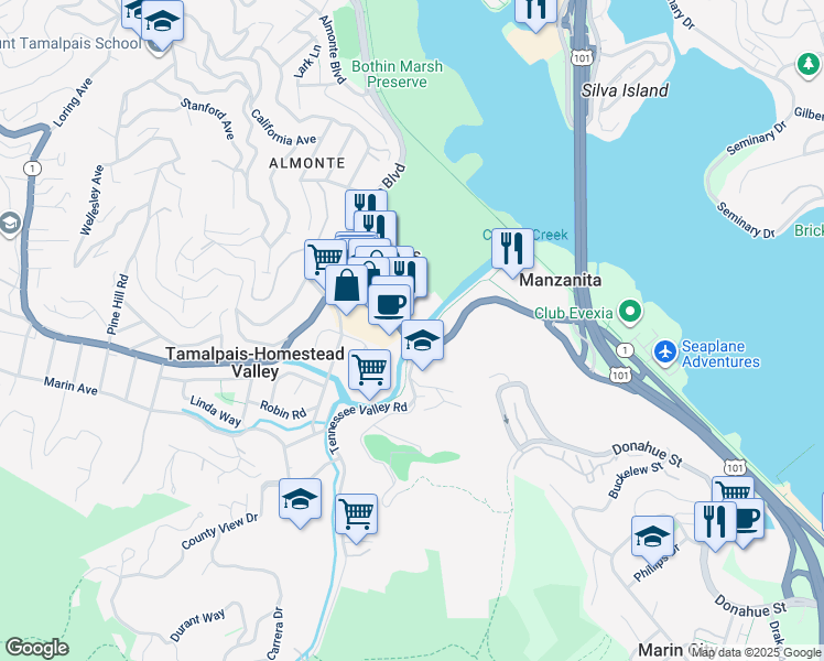 map of restaurants, bars, coffee shops, grocery stores, and more near 200 Tennessee Valley Road in Mill Valley