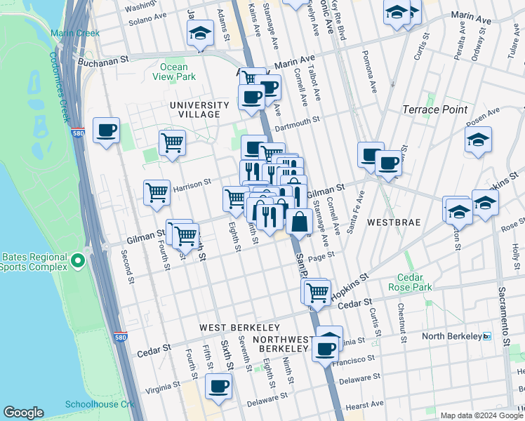 map of restaurants, bars, coffee shops, grocery stores, and more near 1300 Tenth Street in Berkeley