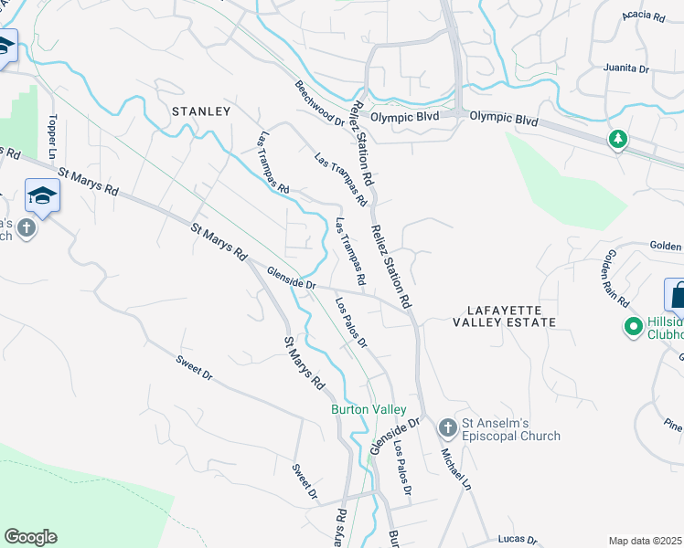 map of restaurants, bars, coffee shops, grocery stores, and more near 3244 Glenside Drive in Lafayette