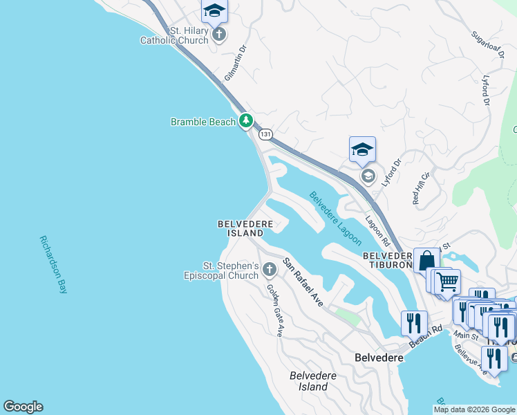 map of restaurants, bars, coffee shops, grocery stores, and more near San Rafael Avenue & Edgewater Road in Belvedere Tiburon