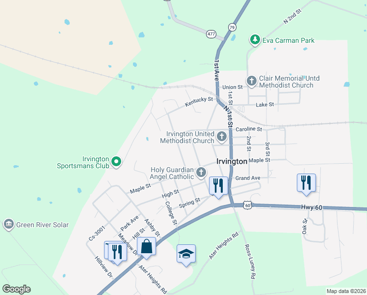 map of restaurants, bars, coffee shops, grocery stores, and more near 110 Pearl Street in Irvington