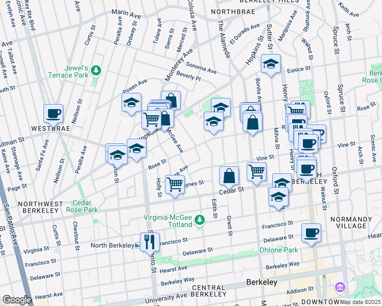 map of restaurants, bars, coffee shops, grocery stores, and more near 1724 Buena Court in Berkeley