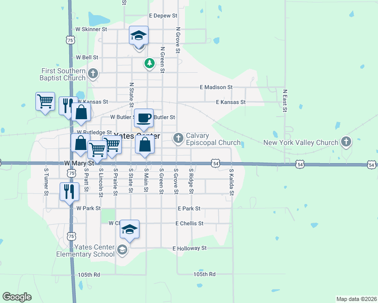 map of restaurants, bars, coffee shops, grocery stores, and more near in Yates Center