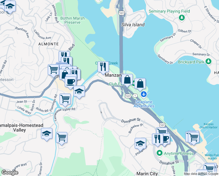 map of restaurants, bars, coffee shops, grocery stores, and more near 115 Shoreline Highway in Mill Valley