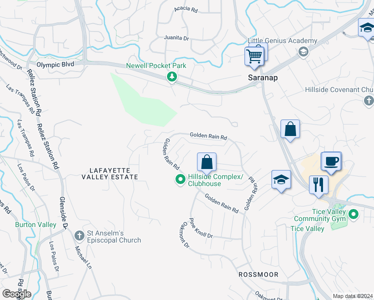 map of restaurants, bars, coffee shops, grocery stores, and more near 1001 Golden Rain Road in Walnut Creek