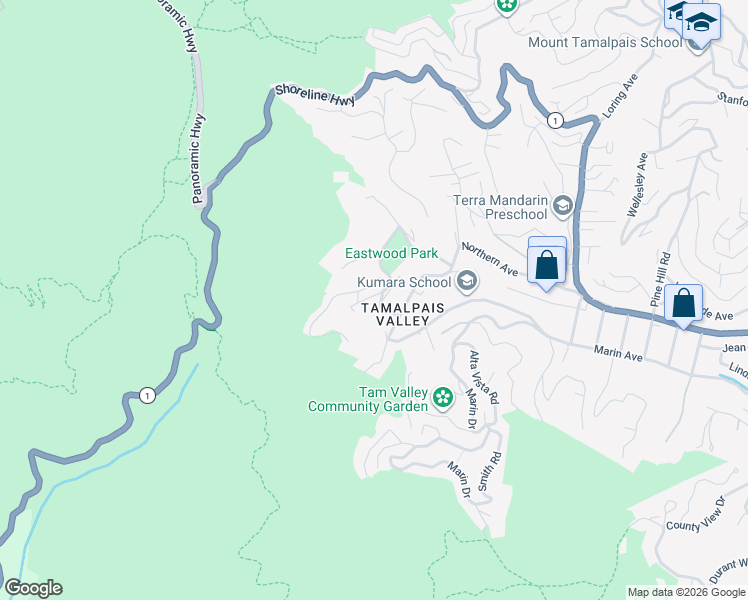 map of restaurants, bars, coffee shops, grocery stores, and more near 611 Glenwood Avenue in Mill Valley