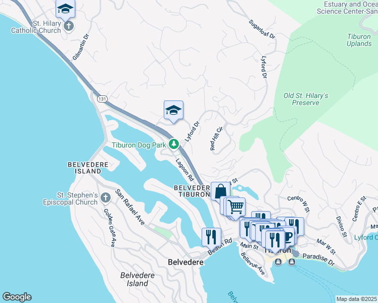map of restaurants, bars, coffee shops, grocery stores, and more near 4 Lyford Drive in Tiburon