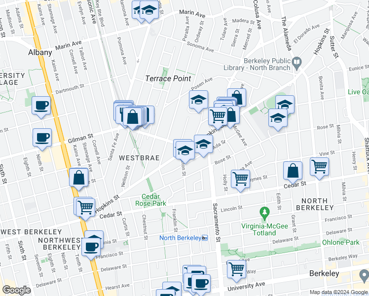 map of restaurants, bars, coffee shops, grocery stores, and more near 1409 Hopkins Street in Berkeley
