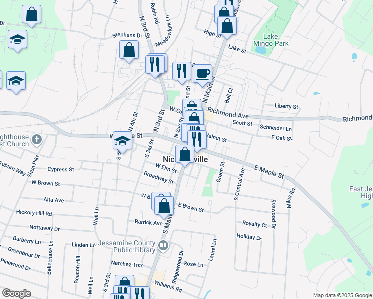 map of restaurants, bars, coffee shops, grocery stores, and more near 117 South Main Street in Nicholasville