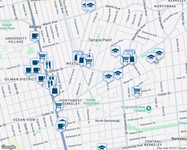 map of restaurants, bars, coffee shops, grocery stores, and more near 1336 Ordway Street in Berkeley