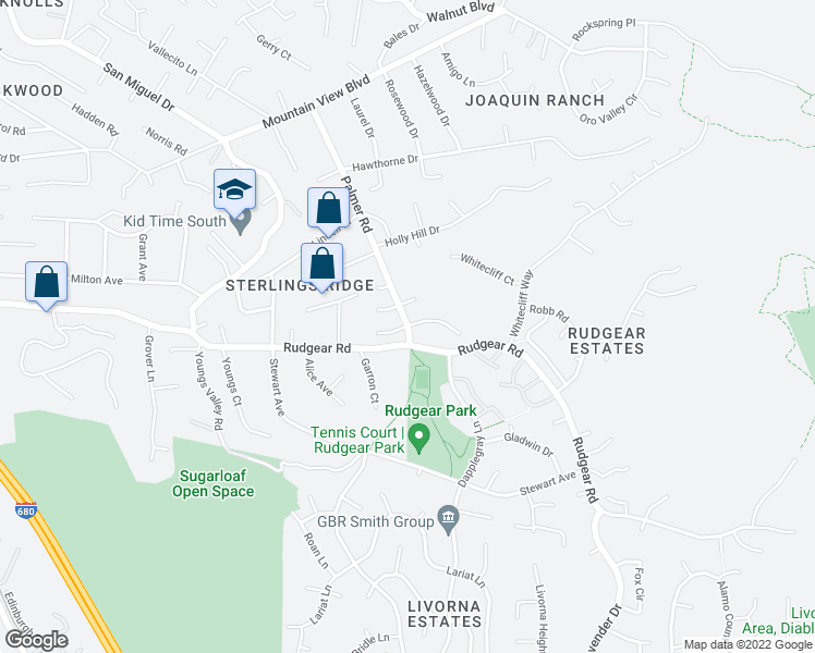 map of restaurants, bars, coffee shops, grocery stores, and more near Palmer Road & Hillendale Court in Walnut Creek