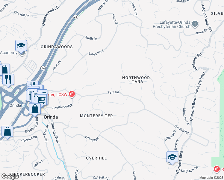 map of restaurants, bars, coffee shops, grocery stores, and more near 53 Tara Road in Orinda