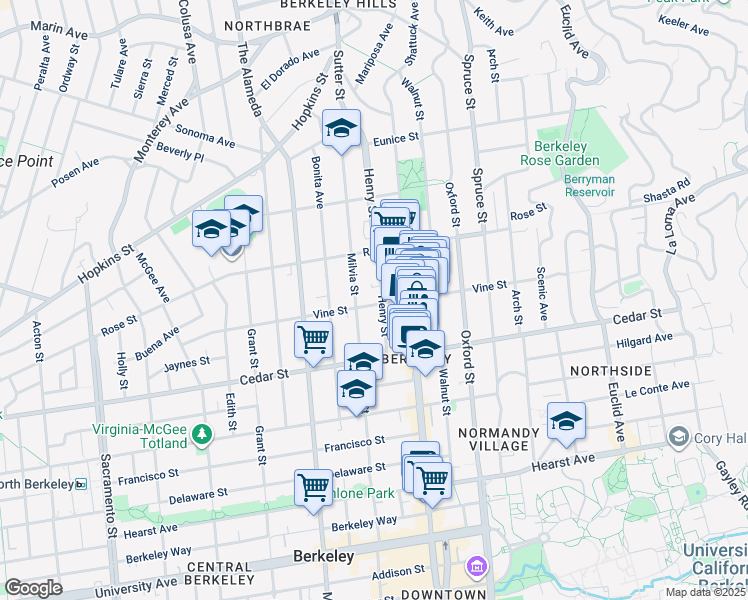 map of restaurants, bars, coffee shops, grocery stores, and more near 1516 Henry Street in Berkeley