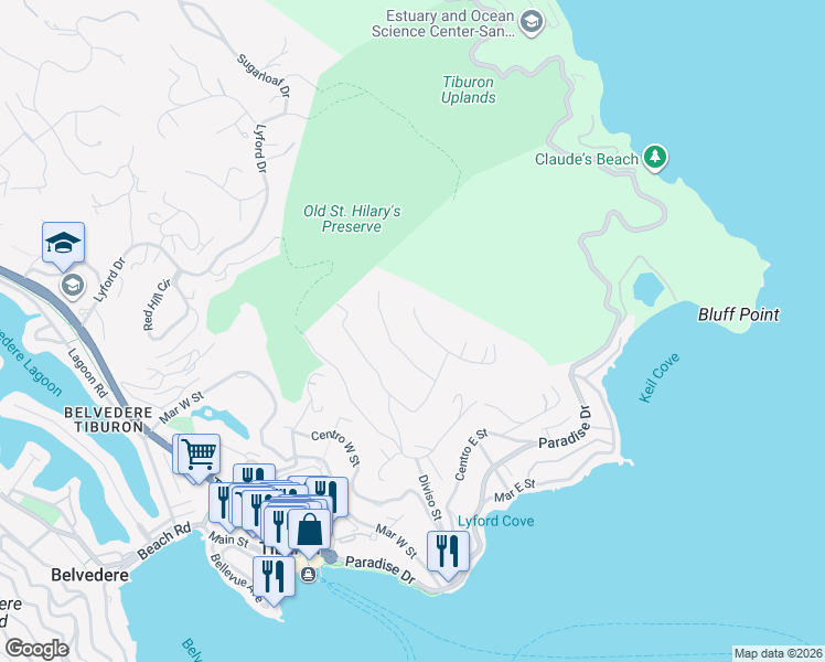 map of restaurants, bars, coffee shops, grocery stores, and more near 1868 Mountain View Drive in Tiburon