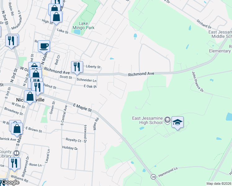 map of restaurants, bars, coffee shops, grocery stores, and more near 213 Rolling Acres Drive in Nicholasville