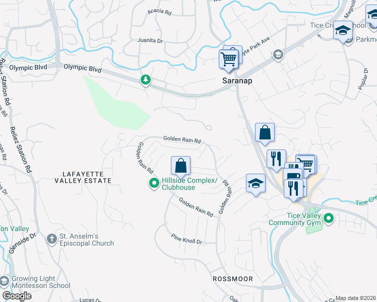 map of restaurants, bars, coffee shops, grocery stores, and more near 2409 Golden Rain Road in Walnut Creek