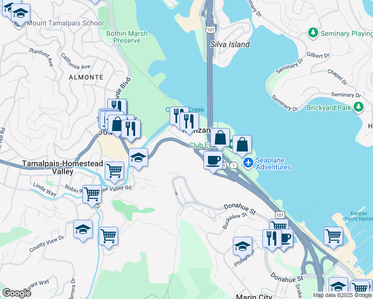 map of restaurants, bars, coffee shops, grocery stores, and more near 115 California 1 in Mill Valley