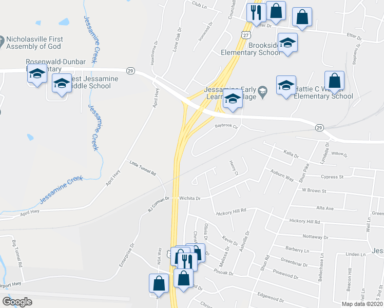 map of restaurants, bars, coffee shops, grocery stores, and more near 175 Baybrook Circle in Nicholasville