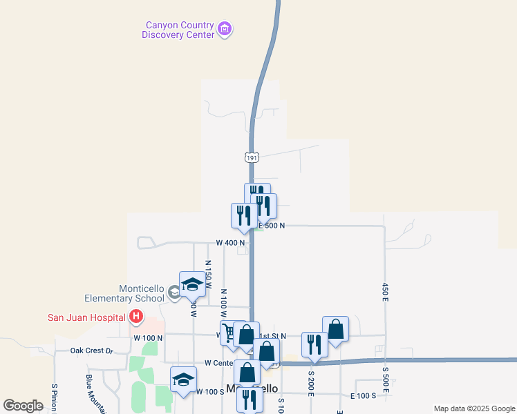 map of restaurants, bars, coffee shops, grocery stores, and more near 596 North Main Street in Monticello