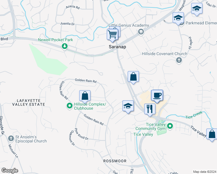 map of restaurants, bars, coffee shops, grocery stores, and more near 2312 Golden Rain Road in Walnut Creek